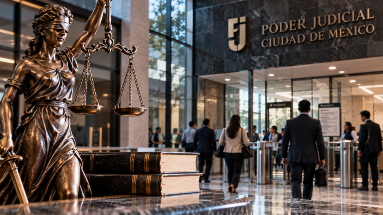 Imagen ilustrativa de juzgados y tribunales en la Ciudad de México con estatua de la Justicia